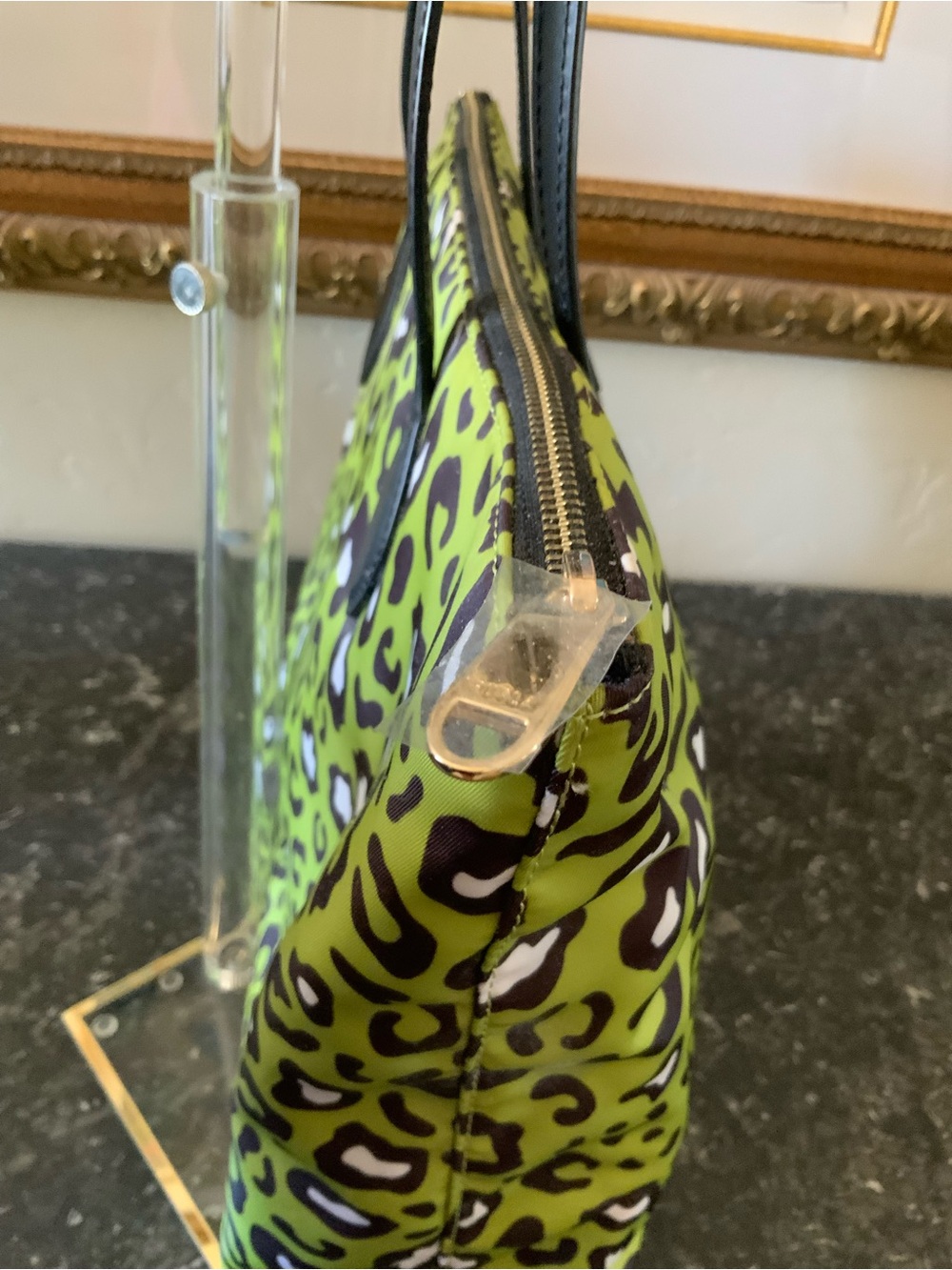 Furla Leopard Cheetah Print Avocado Green Large Nylon Tote Carried Once Perfect - Picture 4 of 4